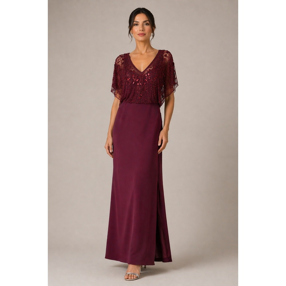 Aidan Mattox Beaded Evening Gown Wine Sequin Capelet Art Deco Old Hollywood Sz10